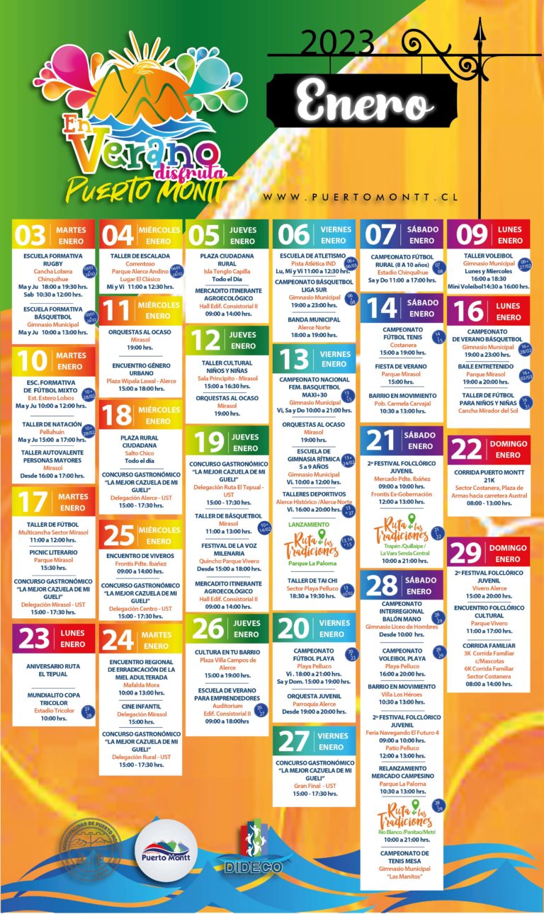 Calendario de Enero, actividades de verano 2023